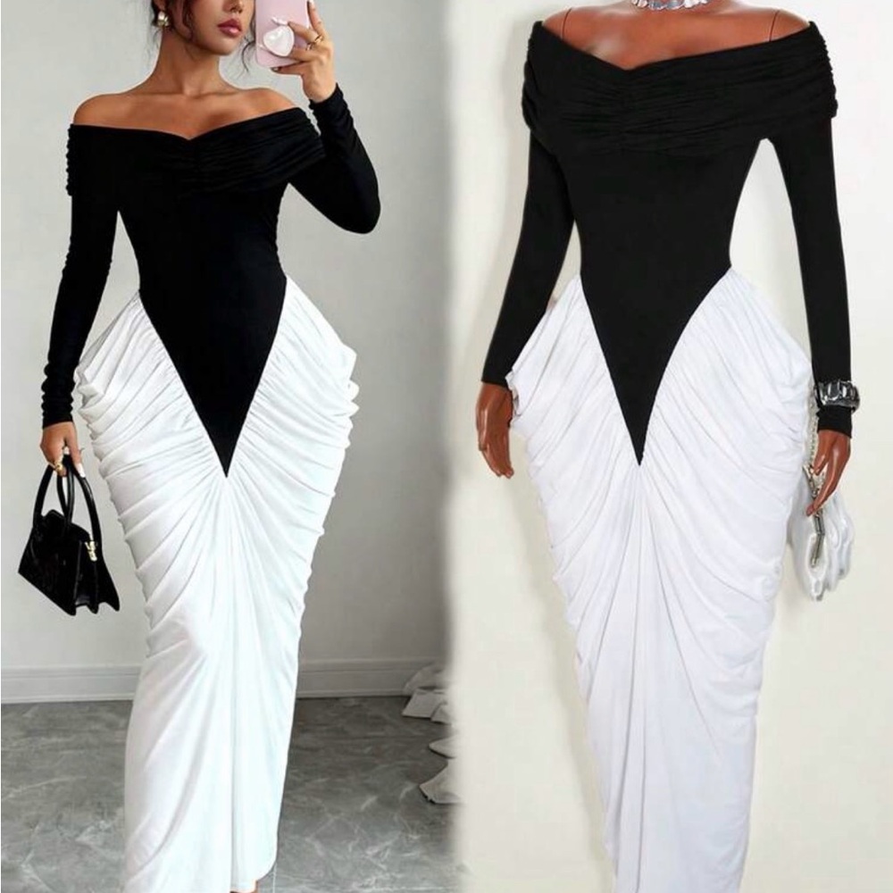 Elegant Black and White Off-Shoulder Dress